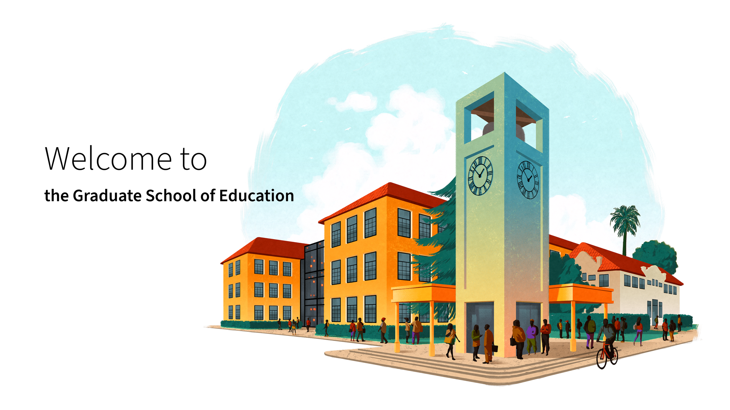Welcome text and building illustration