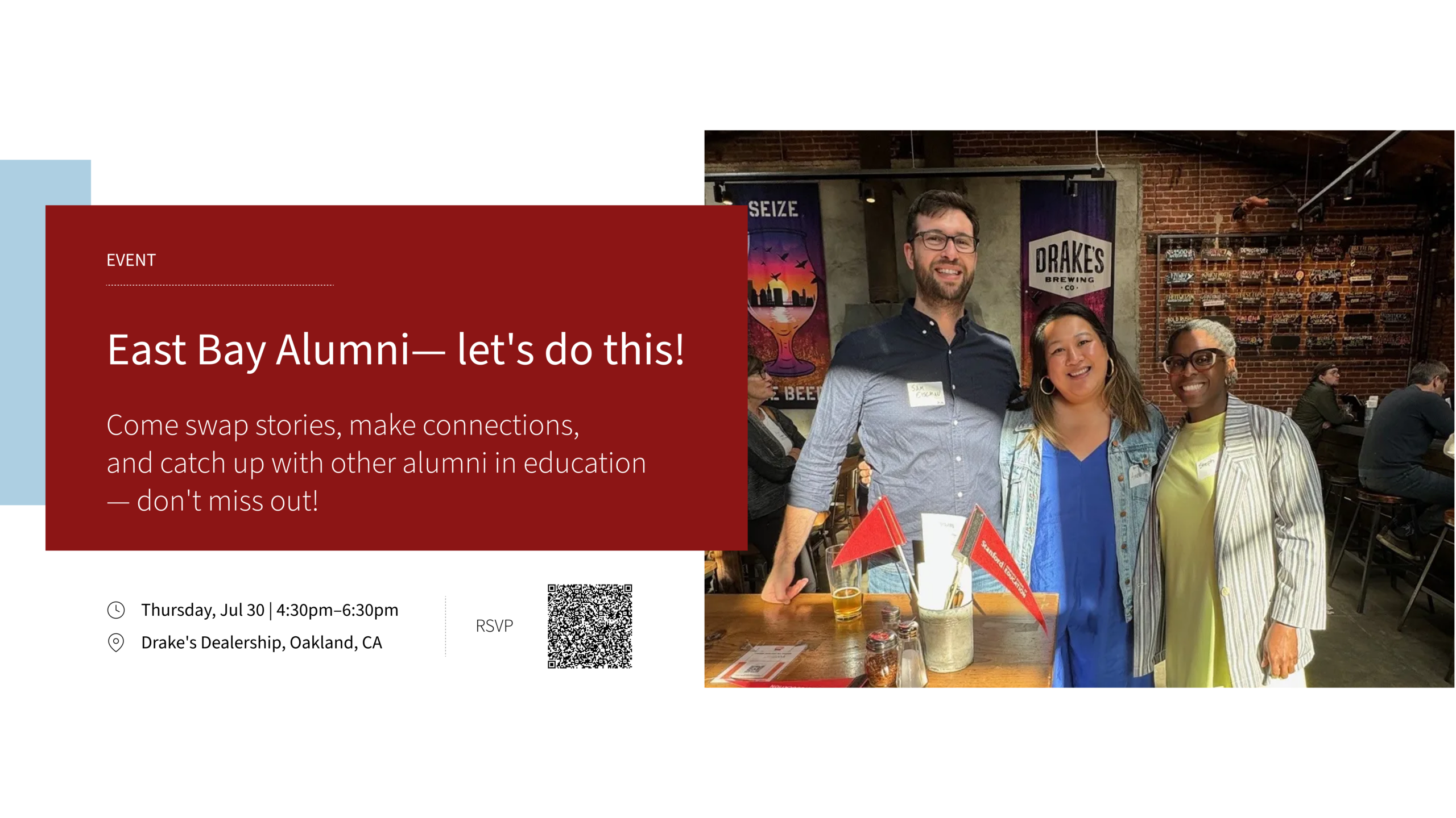 Event description of East Bay Alumni gathering and photo of a group of alumni